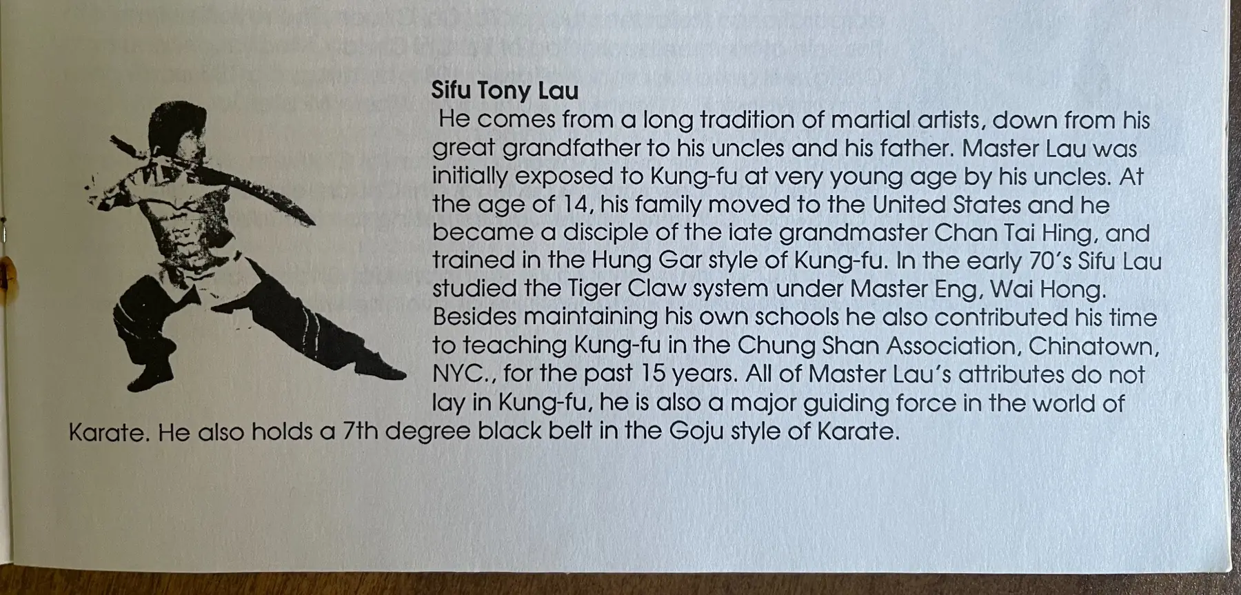 Archival program biography of Sifu Tony Lau with a martial arts silhouette