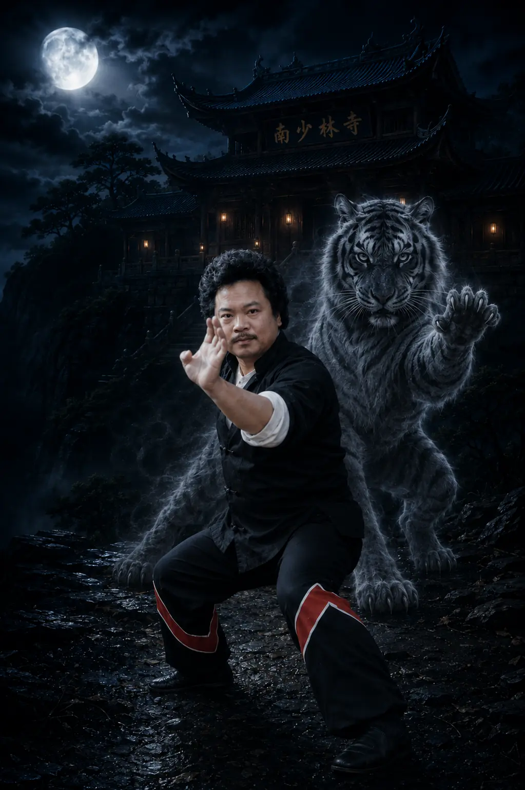 Tribute portrait of Sifu Tony Lau in a Tiger Claw stance before a moonlit temple with a spectral tiger